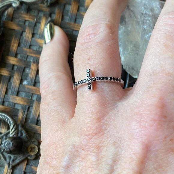 Sterling Silver Black Cz Sideways Cross Ring - Picture 5 of 6